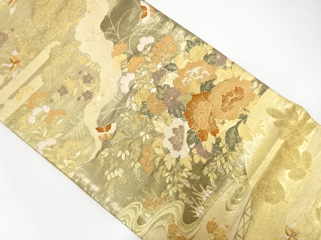 佐賀錦道長取りに牡丹・蝶模様織出し袋帯